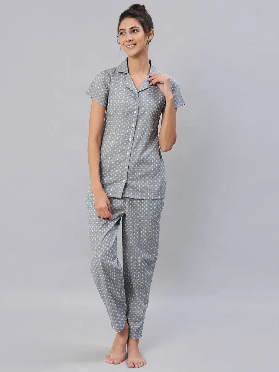 Women Grey Printed Night Suit Set