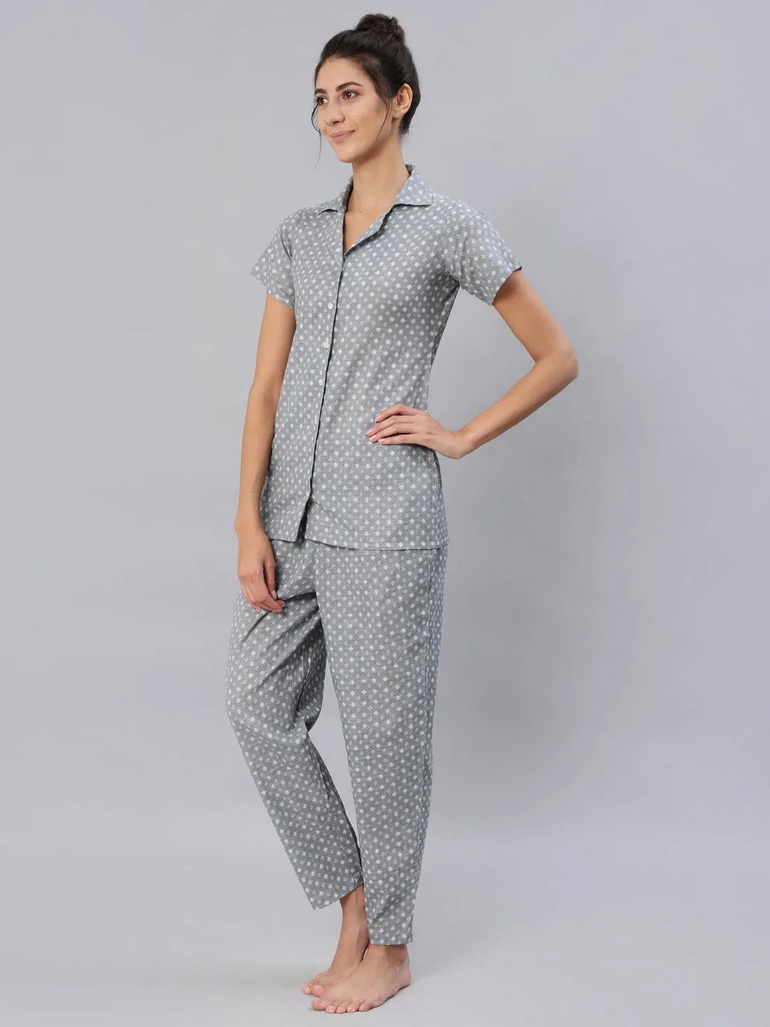 Women Grey Printed Night Suit Set