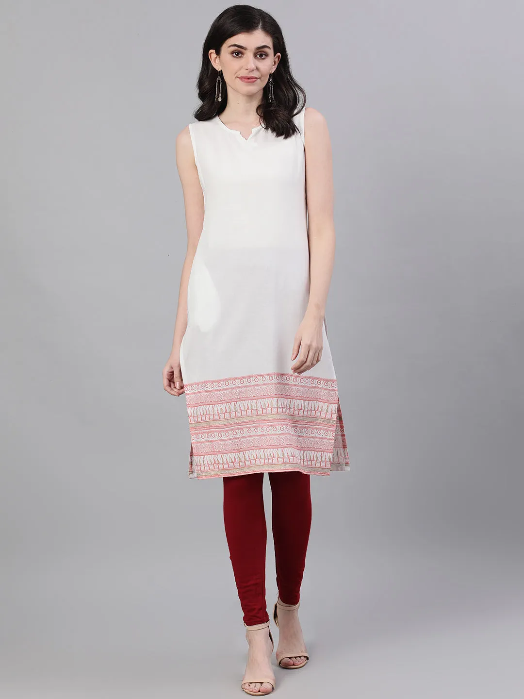 Women White Calf Length Three-Quarter Sleeves Straight Quirky Printed Viscose Rayon Kurta With Jacket