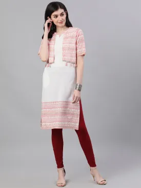 Women White Calf Length Three-Quarter Sleeves Straight Quirky Printed Viscose Rayon Kurta With Jacket