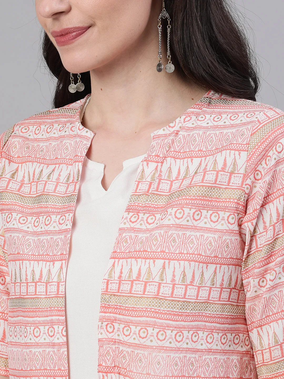 Women White Calf Length Three-Quarter Sleeves Straight Quirky Printed Viscose Rayon Kurta With Jacket