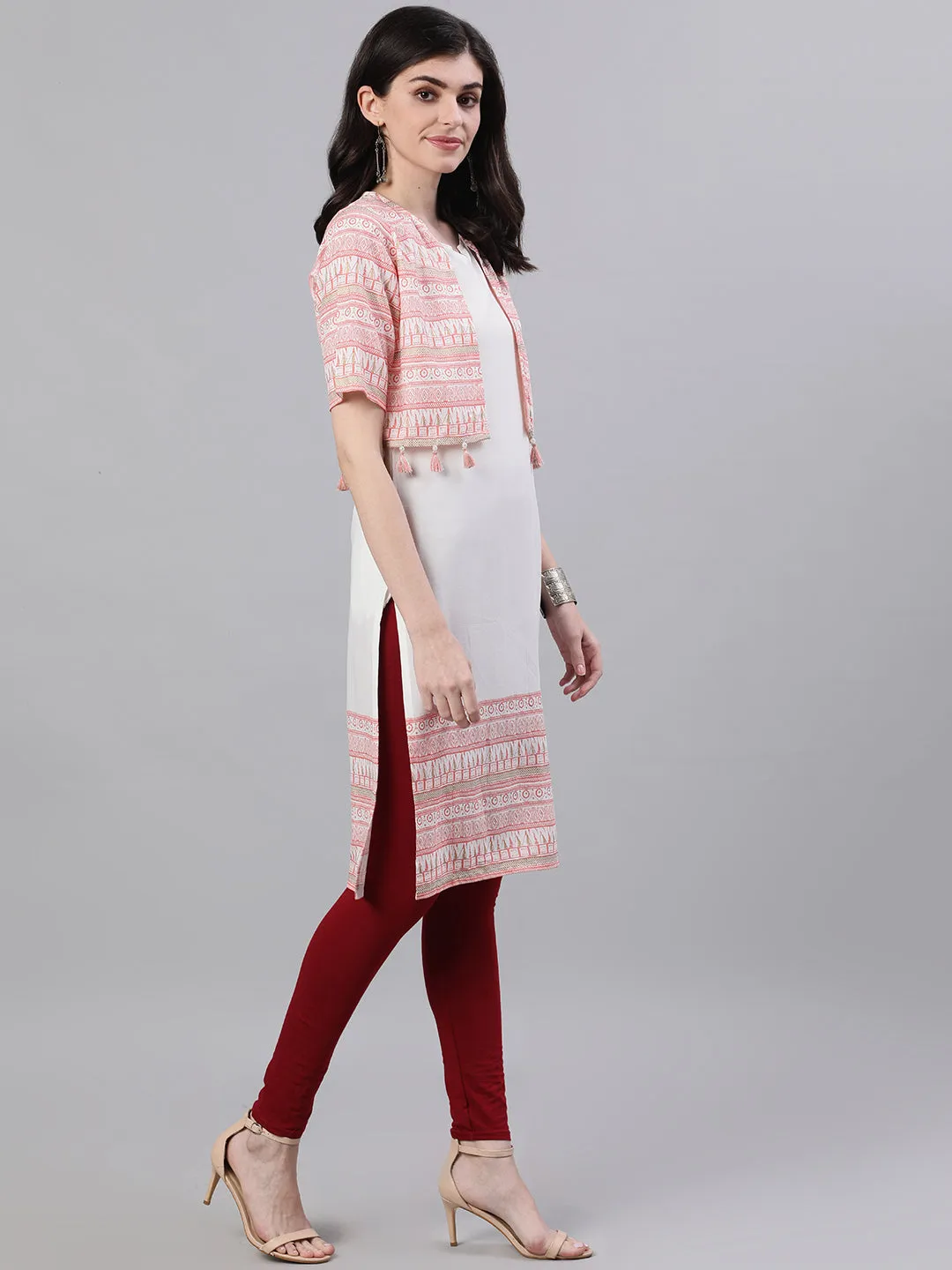 Women White Calf Length Three-Quarter Sleeves Straight Quirky Printed Viscose Rayon Kurta With Jacket