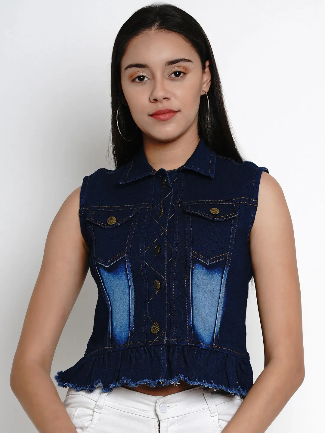 Women'S Blue Solid Lightweight Crop Denim Jacket 1