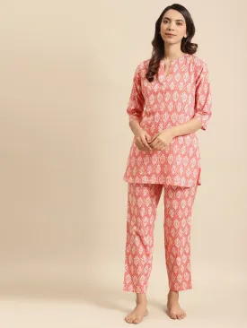 Womens Peach & Off White Printed Night Suit