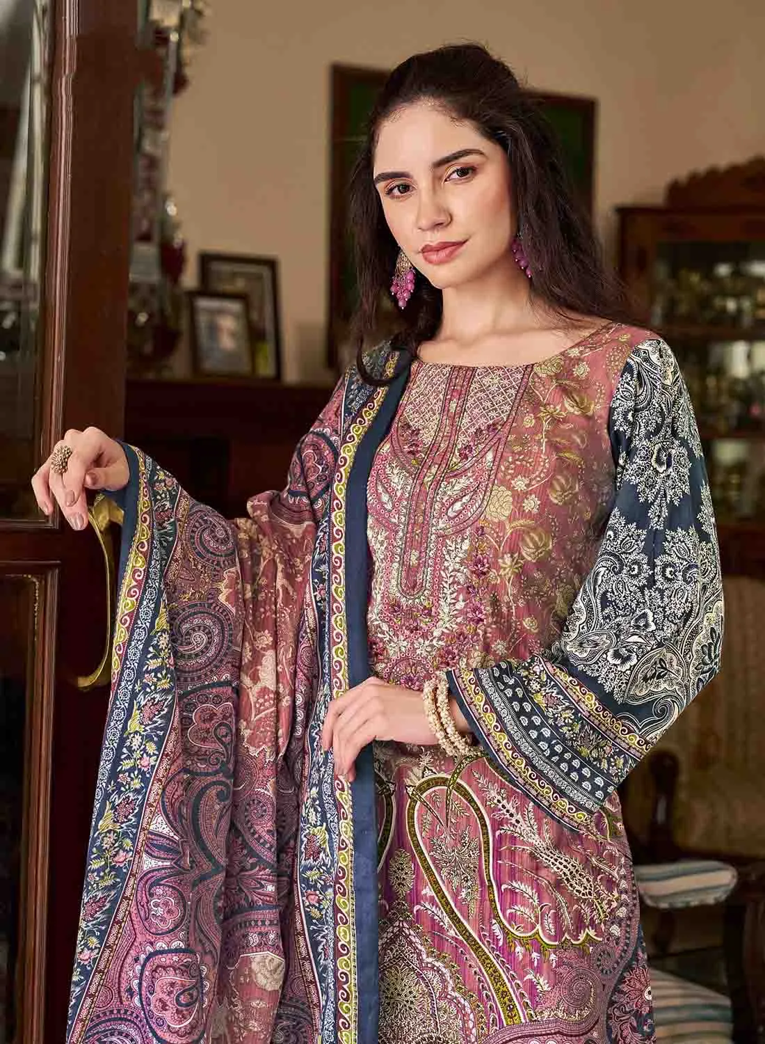 Women's Pink Pakistani Print Unstitched Cotton Suit Dress Material