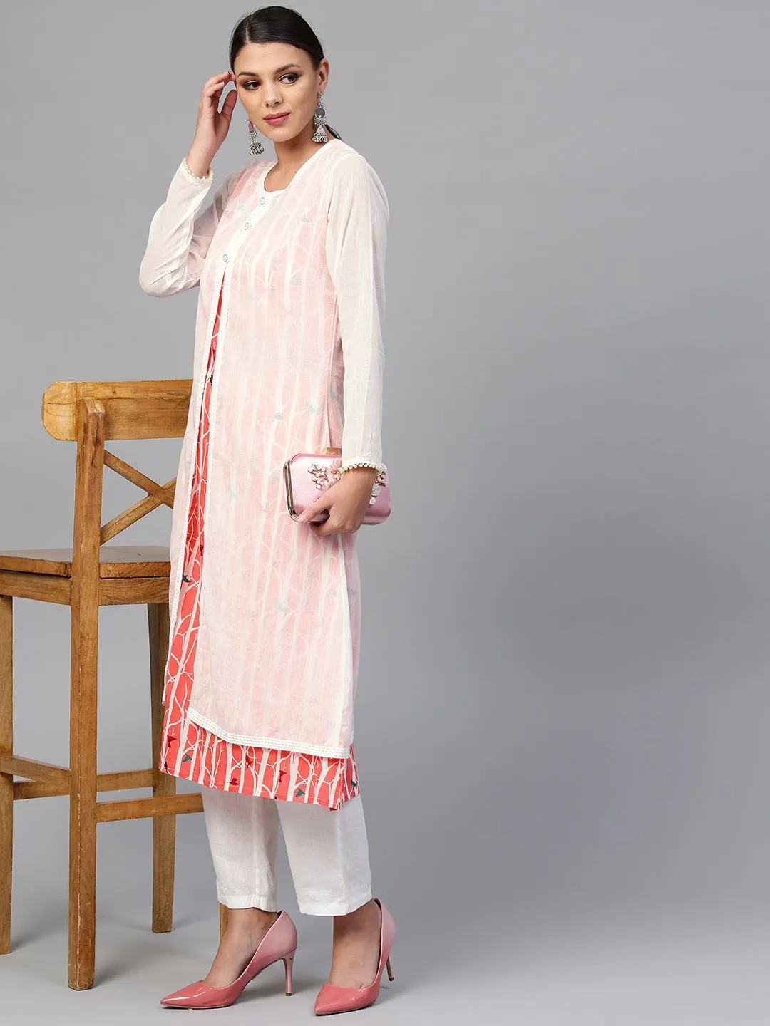 Women'S White Striped Kurta With Muslin Jacket