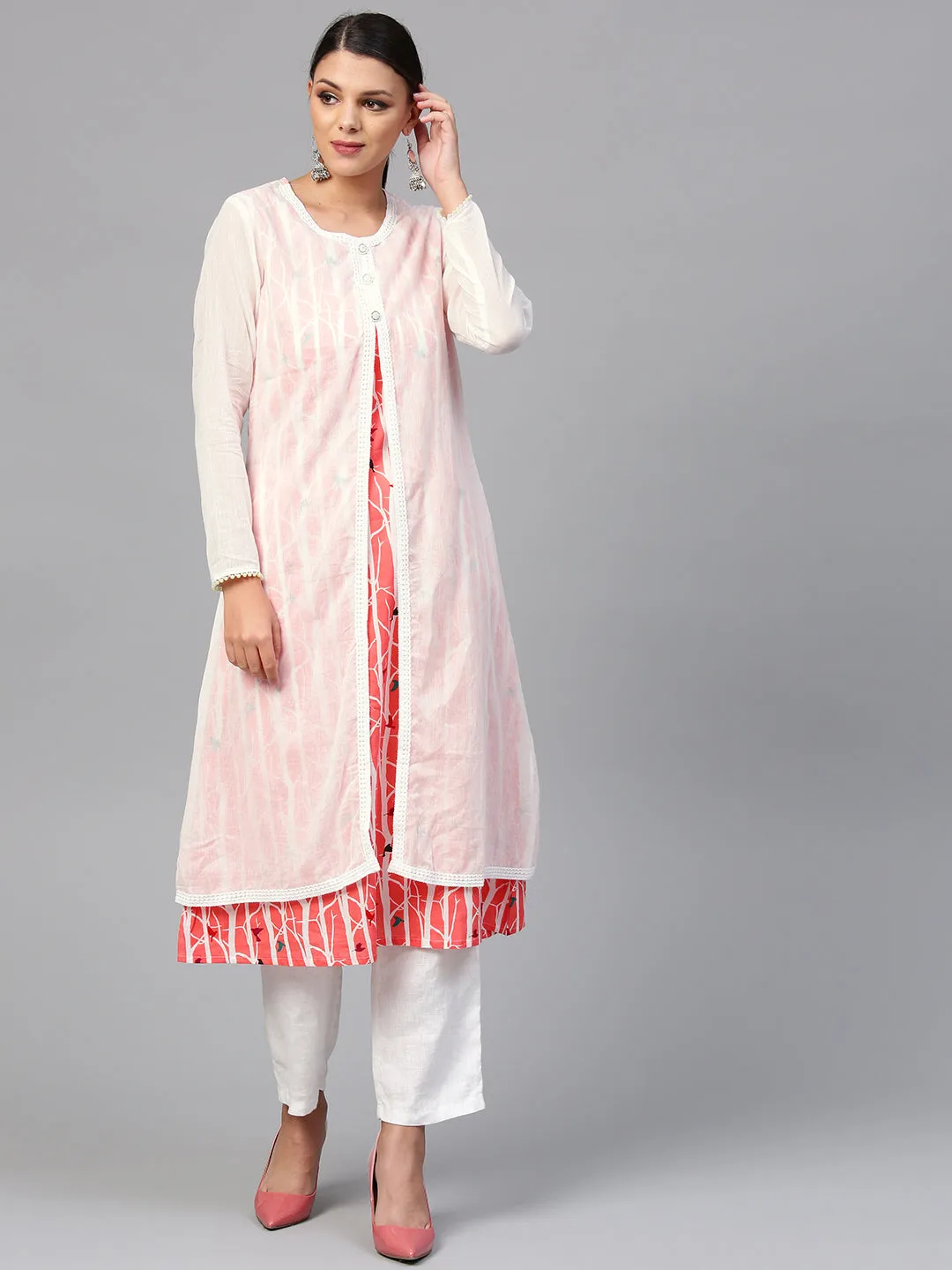 Women'S White Striped Kurta With Muslin Jacket