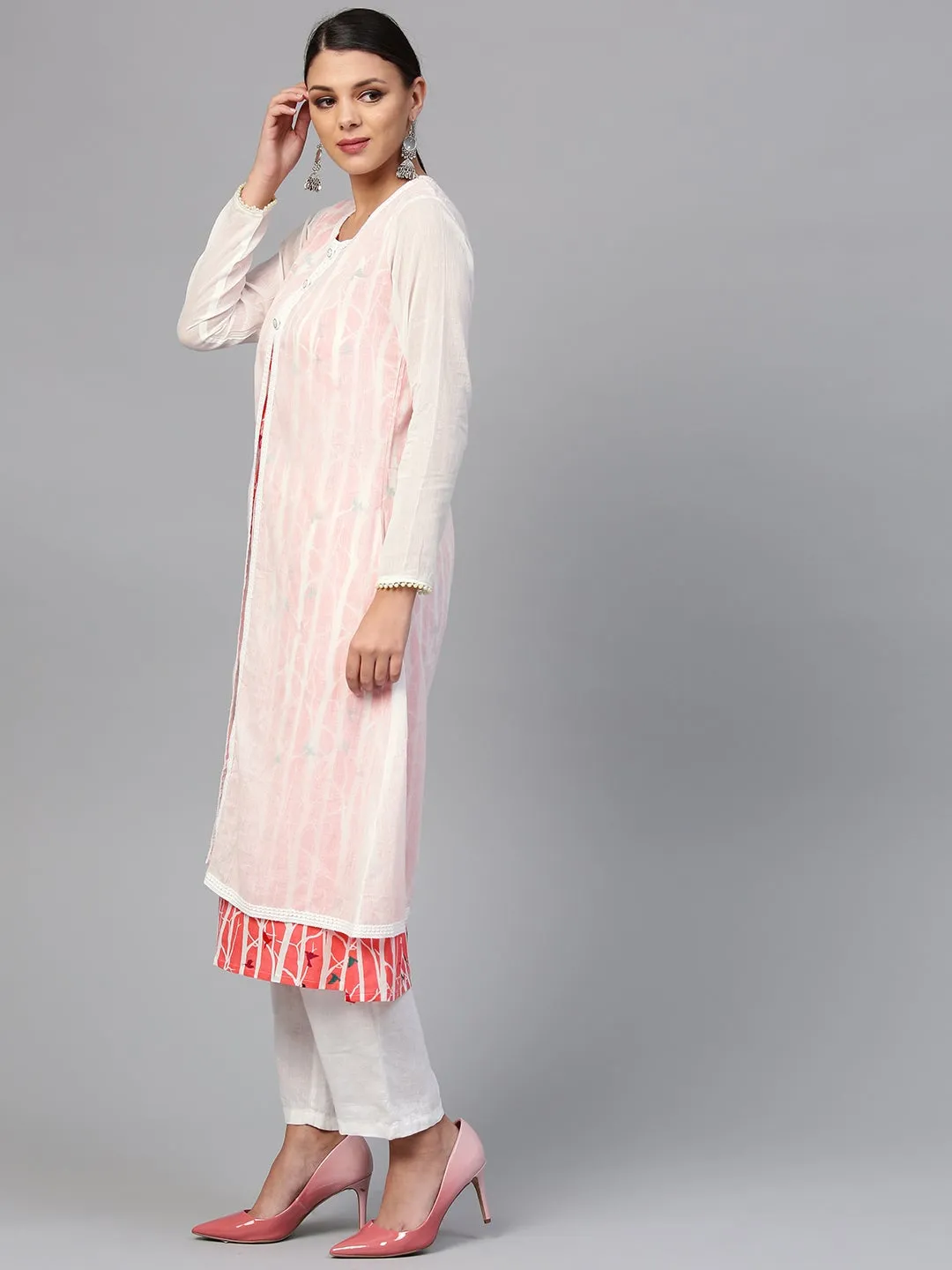 Women'S White Striped Kurta With Muslin Jacket