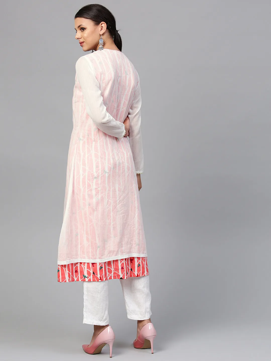 Women'S White Striped Kurta With Muslin Jacket