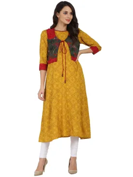 Yellow Printed 3/4Th Sleeve Rayon Anarkali Kurta With Blue Printed Jacket