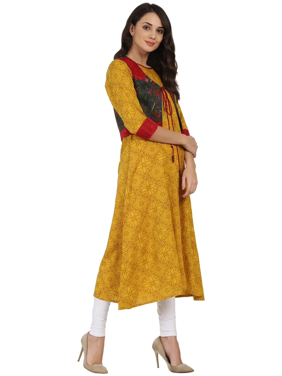 Yellow Printed 3/4Th Sleeve Rayon Anarkali Kurta With Blue Printed Jacket