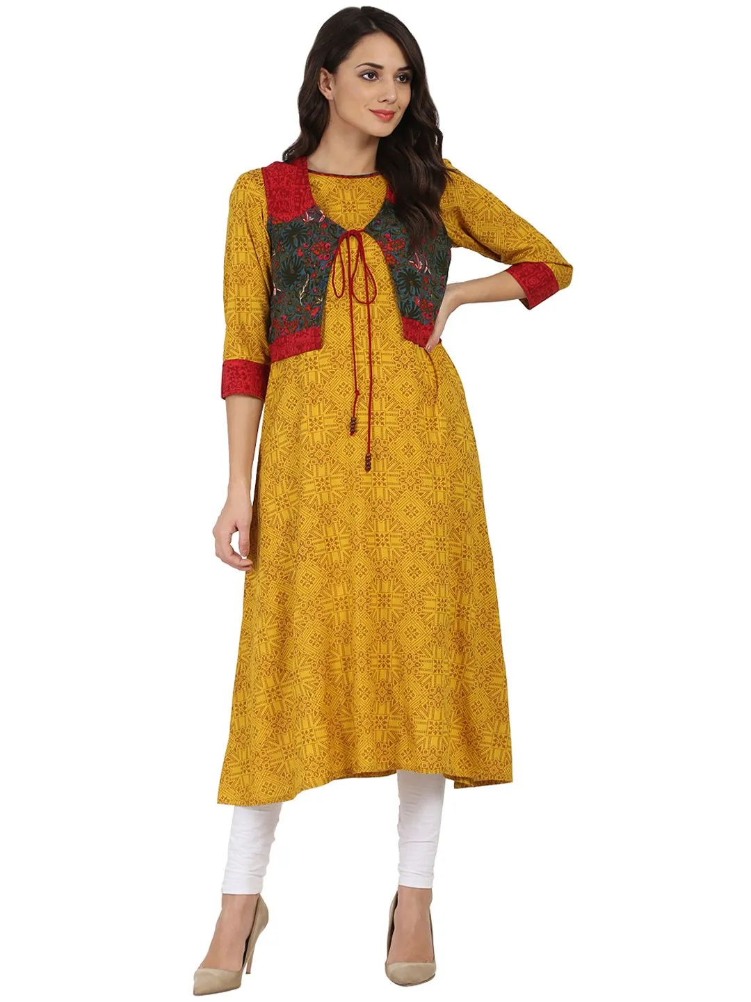 Yellow Printed 3/4Th Sleeve Rayon Anarkali Kurta With Blue Printed Jacket