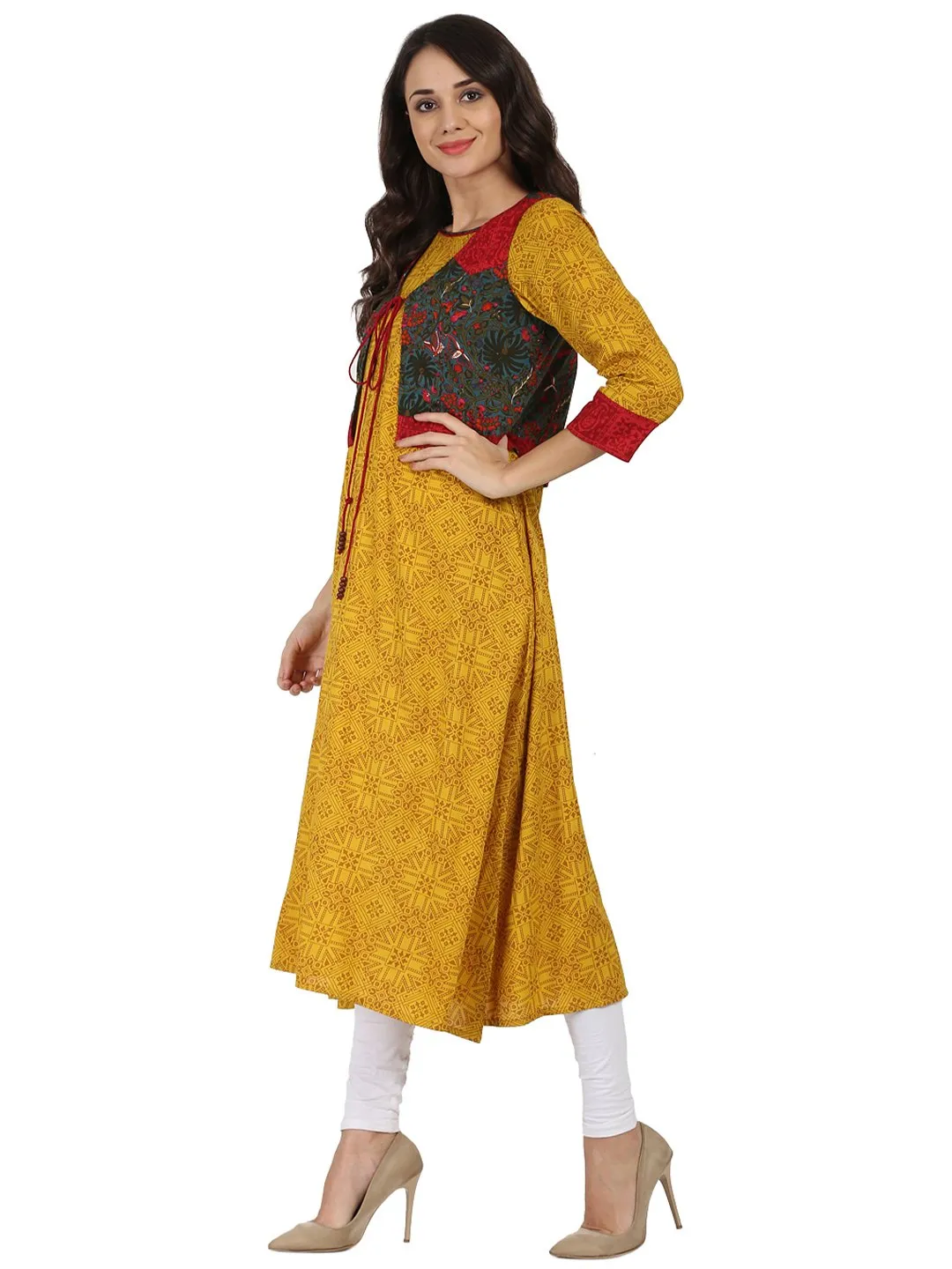 Yellow Printed 3/4Th Sleeve Rayon Anarkali Kurta With Blue Printed Jacket