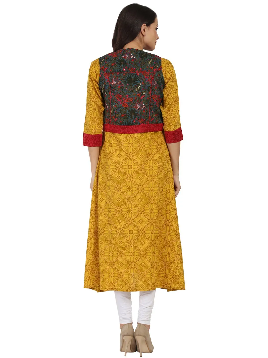 Yellow Printed 3/4Th Sleeve Rayon Anarkali Kurta With Blue Printed Jacket